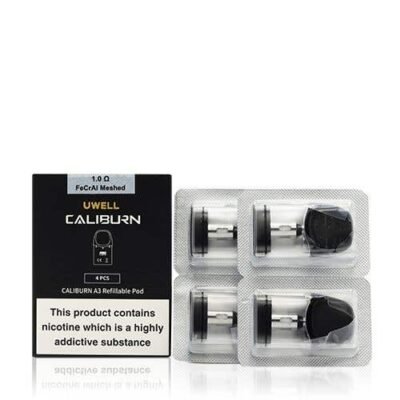Replacement pods for use in the Uwell Caliburn A3 kit, featuring a 1.0Ω Meshed built-in coil and sold in packs of 4. Now available at OX Vape.